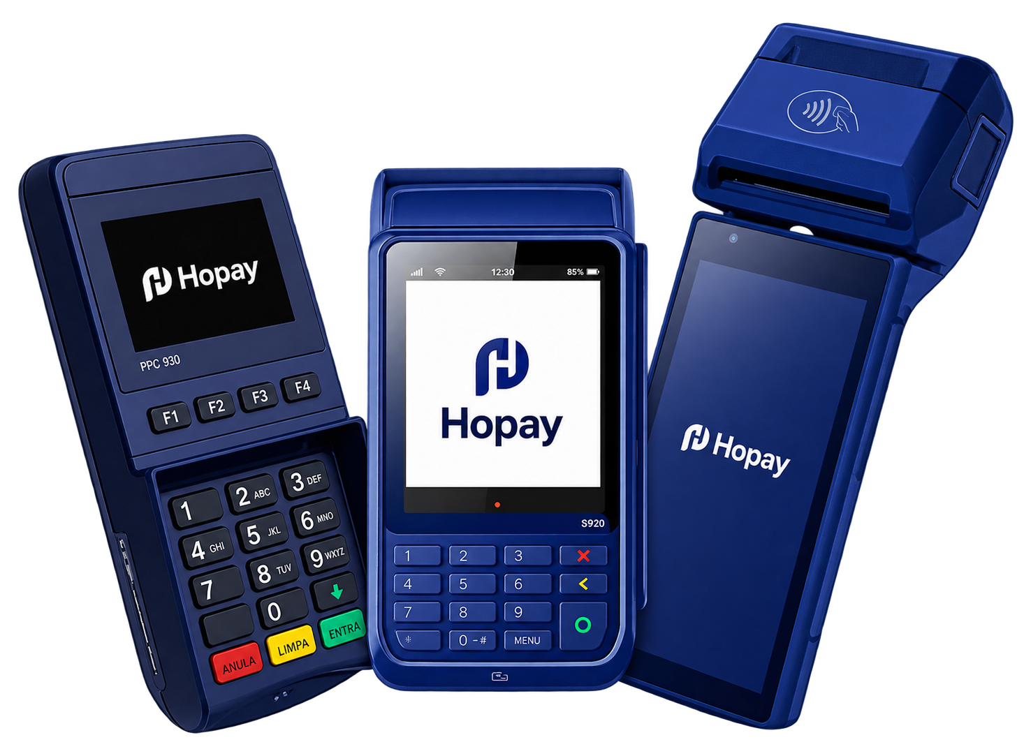 Três maquininhas de cartão Hopay oferecidas pela CredTotal em Primavera do Leste - MT: modelos com visor, aceitando Pix, débito, crédito e parcelado